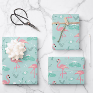 Feuille De Papier Cadeau Motif vert Flamants roses rose Pastel