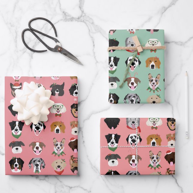 Feuille De Papier Cadeau Motif visage chien de Noël (Recto)