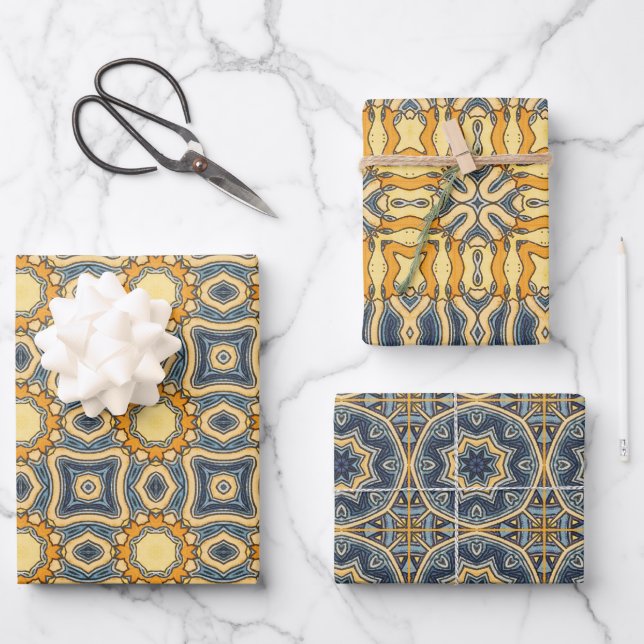 Feuille De Papier Cadeau Motifs bleu et jaune (Recto)