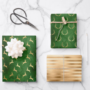 Feuille De Papier Cadeau Motifs de cerfs de Noël vert or