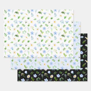 Feuille De Papier Cadeau Motifs de Myosotis et de Marguerites avec Feuillag