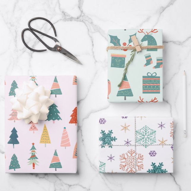 Feuille De Papier Cadeau Motifs de Noël Pastel Moderne (Recto)