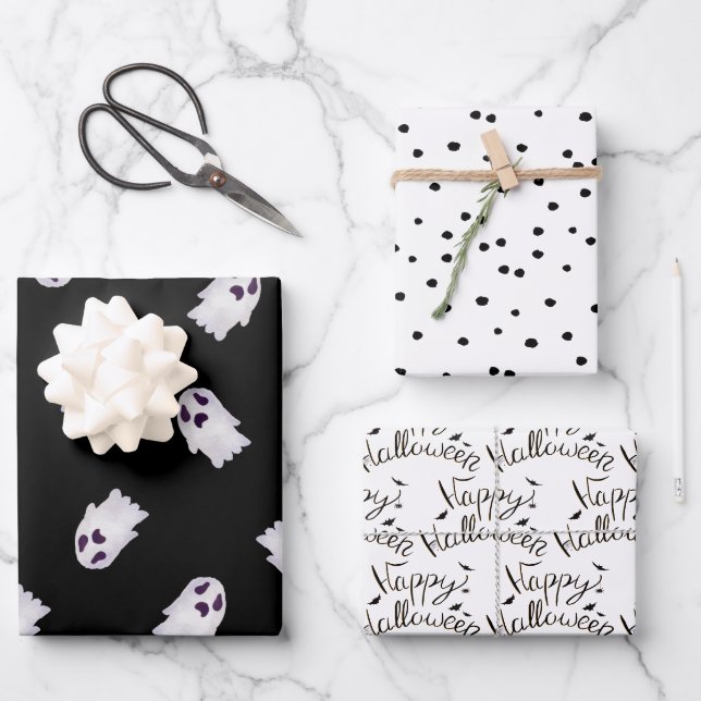 Feuille De Papier Cadeau Motifs d'Halloween noir et blanc (Recto)