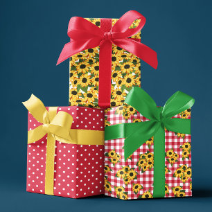 Feuille De Papier Cadeau Motifs floraux de tournesol à pois en vichy rouge