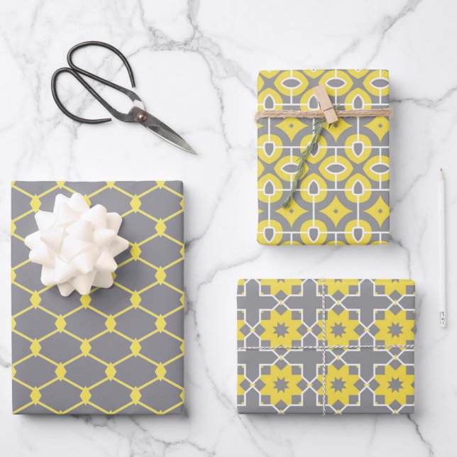 Feuille De Papier Cadeau Motifs géométriques gris et jaune tendance (Recto)