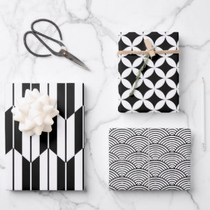 Feuille De Papier Cadeau Motifs géométriques japonais noir et blanc