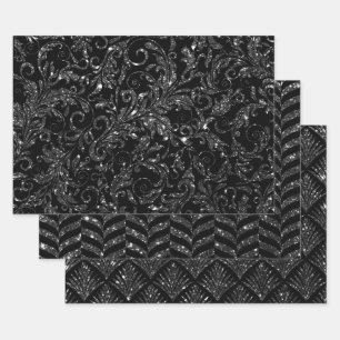 Feuille De Papier Cadeau Motifs Pailletés Élégants Noir et Argent