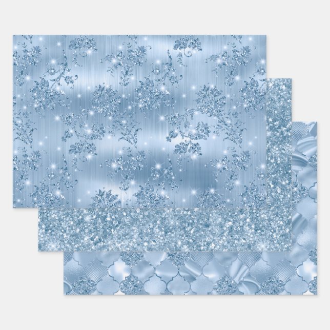 Feuille De Papier Cadeau Motifs Pailletés Glamour Bleu Clair Élégants (Lot)