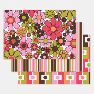 Feuille De Papier Cadeau Motifs rétro colorés et tendance mélangés avec ros