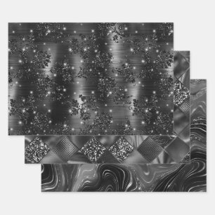 Feuille De Papier Cadeau Motifs scintillants noirs et argentés glamour
