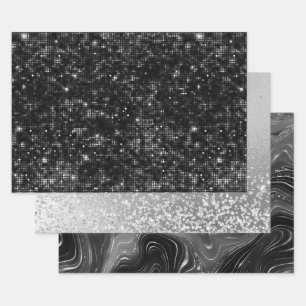 Feuille De Papier Cadeau Motifs scintillants noirs et argentés glamour