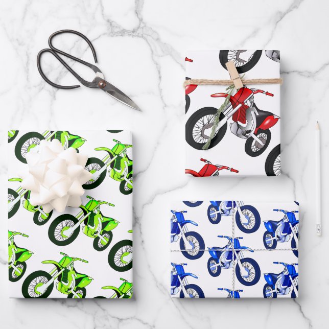 Feuille De Papier Cadeau Moto verte, rouge, bleue (Recto)
