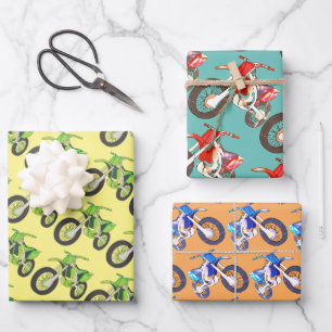 Feuille De Papier Cadeau Motocyclettes rétro amusantes Vert, Rouge, Bleu D