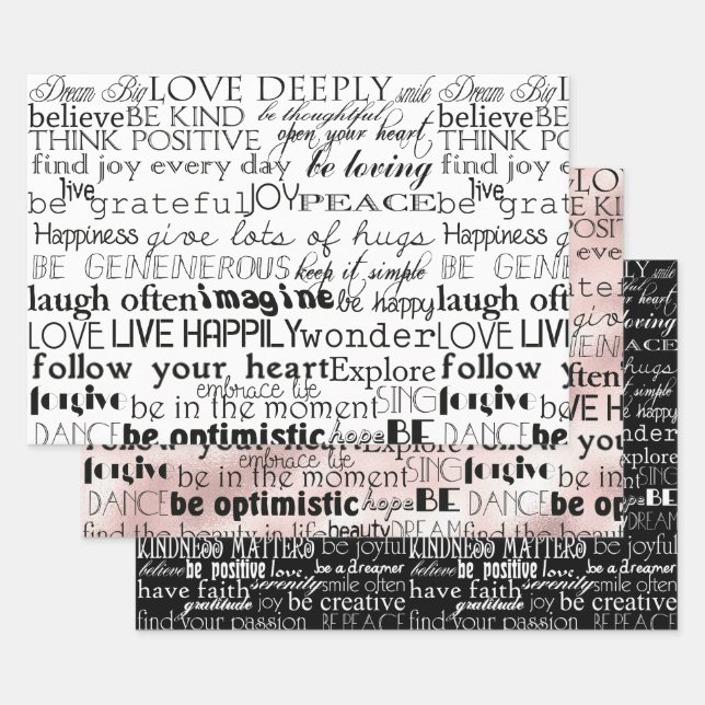 Feuille De Papier Cadeau Mots d'inspiration noirs blancs (Lot)