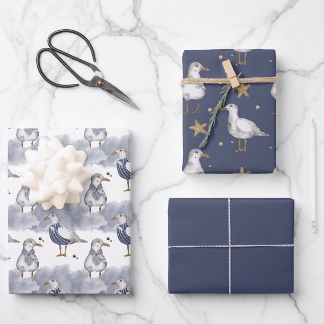 Feuille De Papier Cadeau Mouettes et étoiles de mer (Recto)