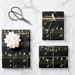 Feuille De Papier Cadeau Musique d'or en noir