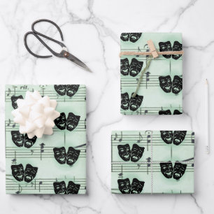 Feuille De Papier Cadeau Musique verte et masques grecs de théâtre
