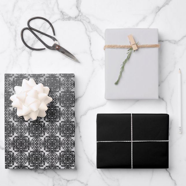 Feuille De Papier Cadeau MVB Black Faux Lace Grey (Recto)