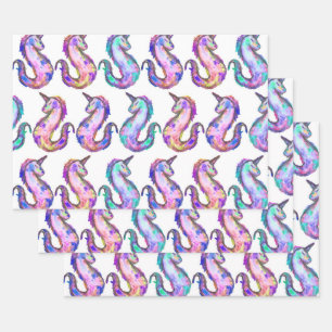 Feuille De Papier Cadeau Mythical Pink Teal Unicorn Seahorse Watercolor