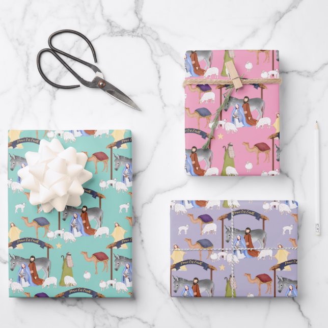 Feuille De Papier Cadeau Nativité en rose, bleu et violet (Recto)