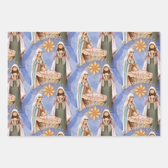 Feuille De Papier Cadeau Nativité Stable Scène Motif Vacances (Devant)