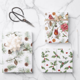 Feuille De Papier Cadeau Nature Thème Noël Verdure Oiseau Rouge Pin
