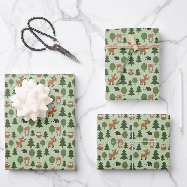 Feuille De Papier Cadeau Naturel Woodland Amis Bébé Animaux Arbres (Recto)