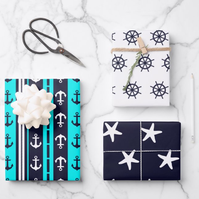 Feuille De Papier Cadeau Nautical 3-Pack  (Recto)