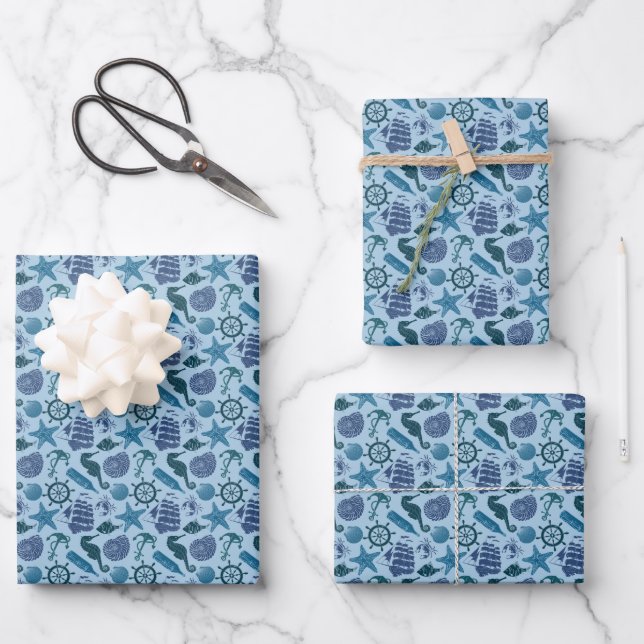 Feuille De Papier Cadeau Nautical Shades of Blue (Recto)