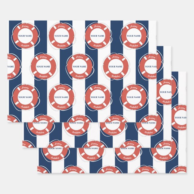 Feuille De Papier Cadeau Nautique Bleu rayé Nom personnalisé Anniversaire (Lot)