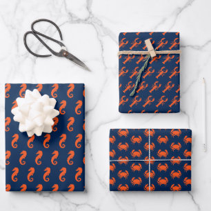 Feuille De Papier Cadeau Nautique Sea Animaux motifs homard crabe hippocamp