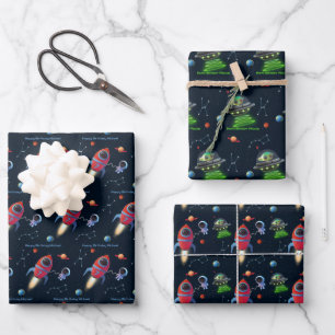 Feuille De Papier Cadeau Navire à fusée spatiale   OVNI Alien Astronaut Ann