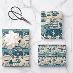 Feuille De Papier Cadeau Navire nautique et motif à thème océanique No10