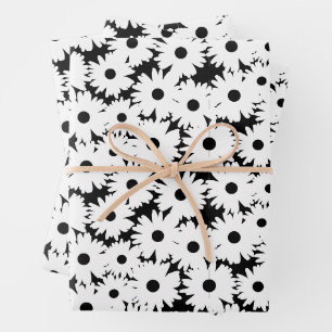 Feuille De Papier Cadeau Négative Space Daisées blanc sur noir