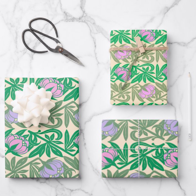 Feuille De Papier Cadeau Nénuphars rose Art Nouveau damas (Recto)