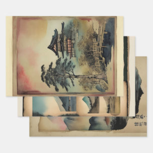 Feuille De Papier Cadeau Néphémère de peinture paysagère traditionnelle jap