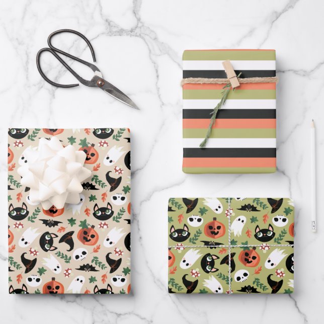 Feuille De Papier Cadeau Neutral Cats & Pumpkins Mixed Halloween Patterns (Recto)