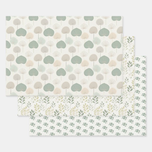 Feuille De Papier Cadeau Neutral plante vert beige gris (Lot)