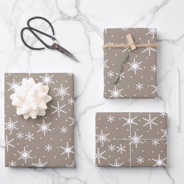 Feuille De Papier Cadeau Neutral Taupe Hiver Vacances Snowflake Motif (Recto)
