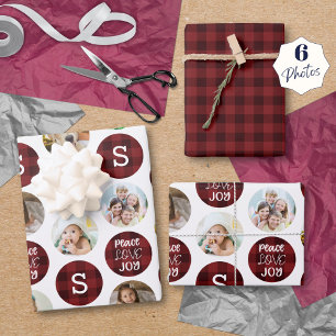 Feuille De Papier Cadeau Noël 6 Photo Monogramme PAIX AIMER JOIE Rouge