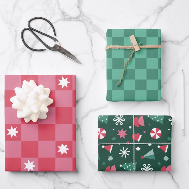 Feuille De Papier Cadeau Noël À damiers moderne (Recto)