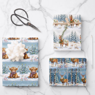 Feuille De Papier Cadeau Noël à Shetland Pony, Deer et Highland Cow