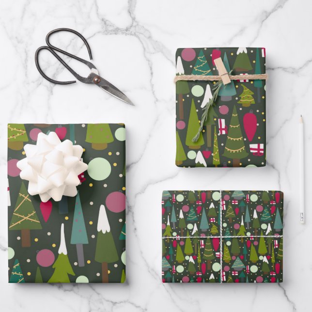 Feuille De Papier Cadeau Noël Arbres modernes multi (Recto)