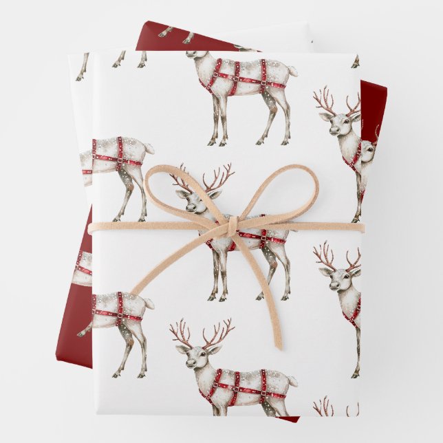 Feuille De Papier Cadeau Noel Blanc Peppermenthe Cerf (En situation)