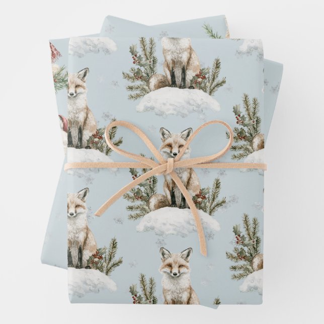 Feuille De Papier Cadeau Noël Blue Fox neige (En situation)