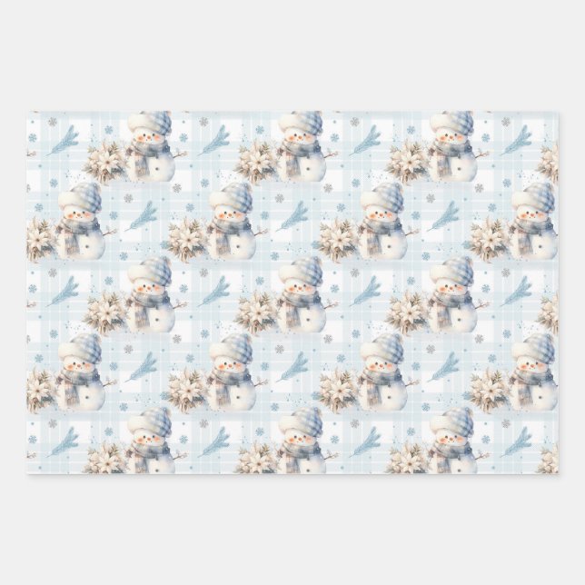 Feuille De Papier Cadeau Noël Blue Little Snowman (Devant)