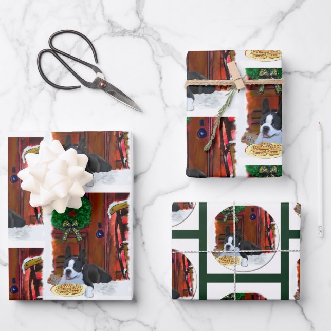 Feuille De Papier Cadeau Noël Boston Terrier (Recto)