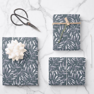 Feuille De Papier Cadeau Noël, brindilles argentées, blanc, flocons de neig