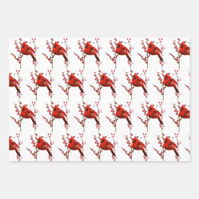 Feuille De Papier Cadeau Noël cardinal rouge, vacances d'hiver (Devant)