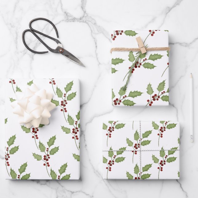 Feuille De Papier Cadeau Noël classique Holly avec baies (Recto)